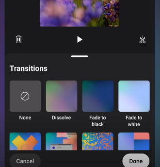 transitions in youtube create app